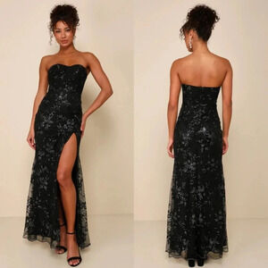 Lulus Confident Sensation Black Sequin Strapless Bustier Maxi Dress XS Wedding